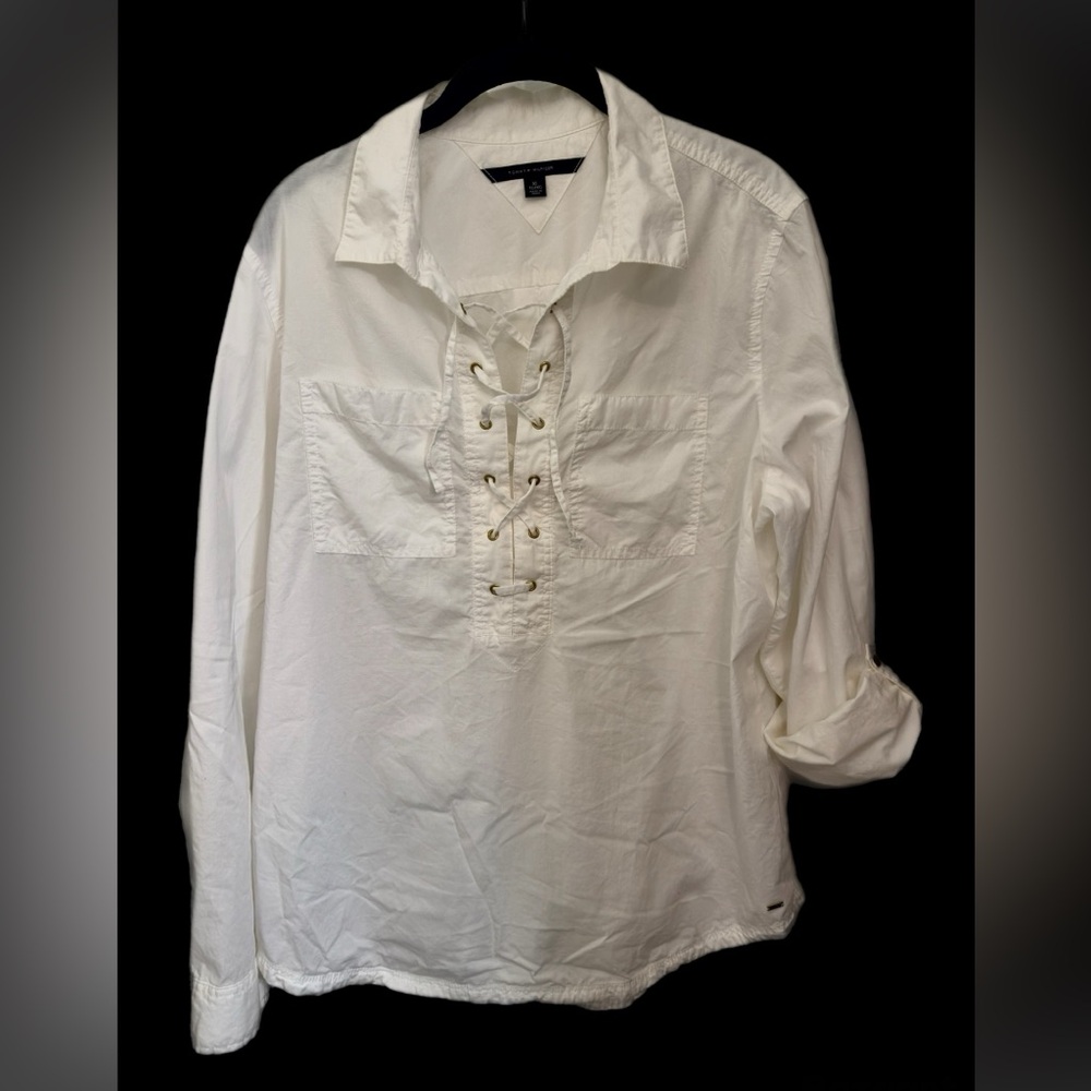 Tommy Hilfiger Lace Up Shirt White Roll Tab Sleeves Women’s XL